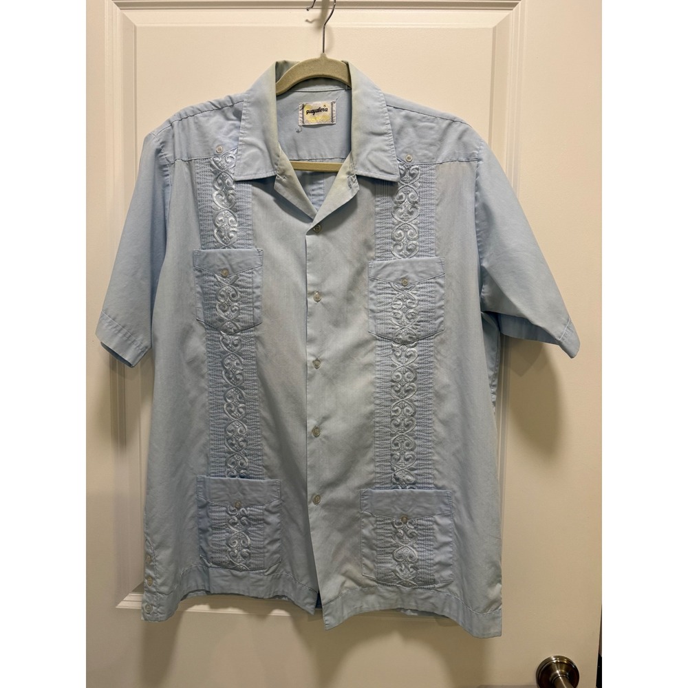 Vintage Guayabera Mens XL Light Blue Embroidered 4‎ Pocket Cuban Wedding Shirt